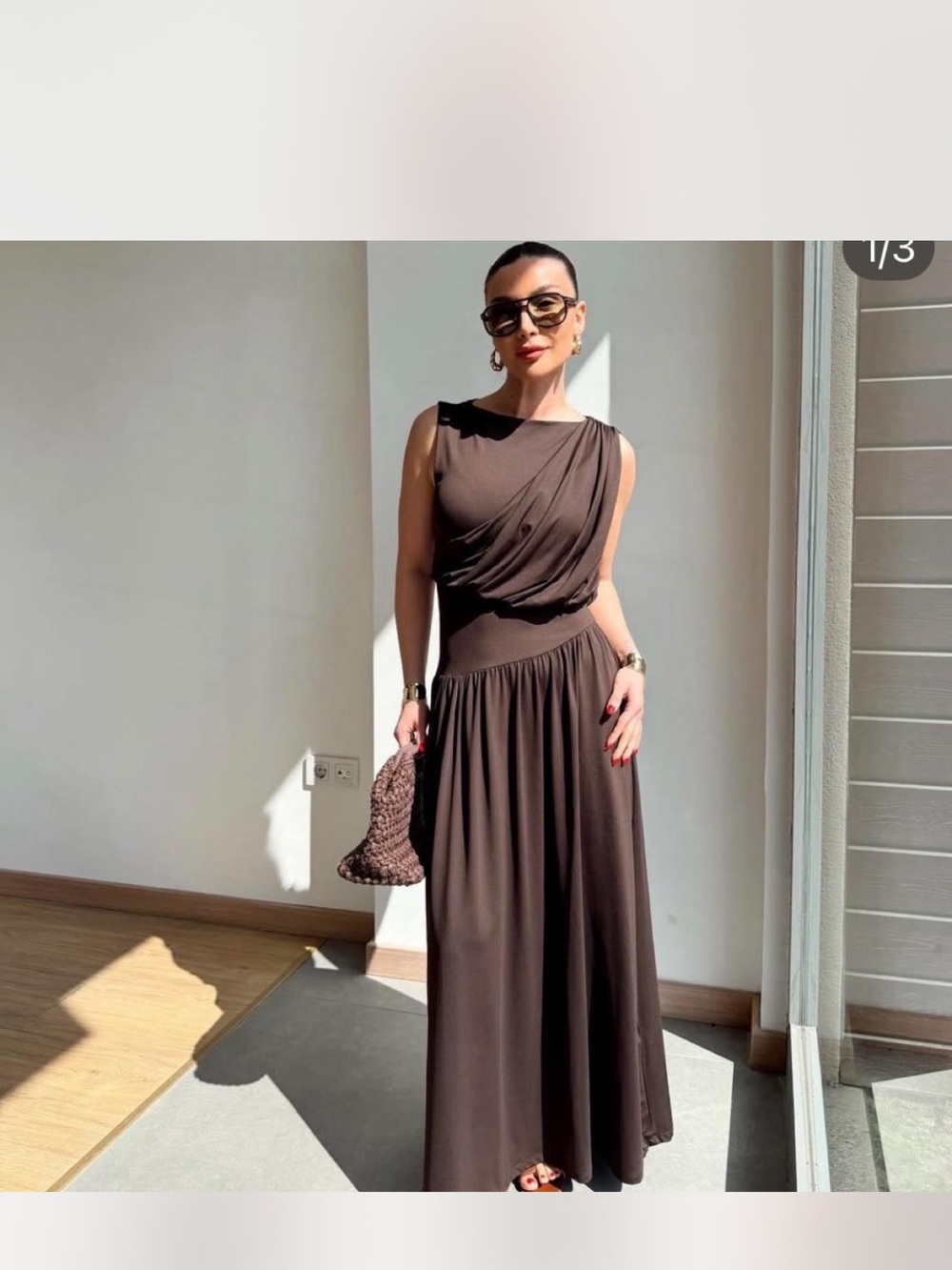 Zara Brown Sleeveless Draped Maxi Dress